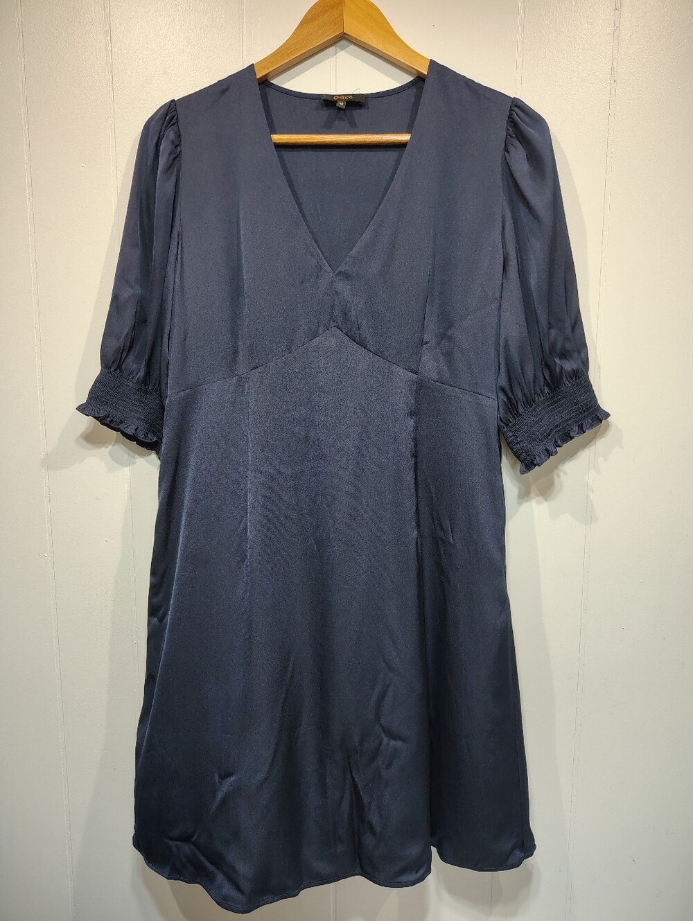 Quince Stretch Silk Puff Sleeve Mini Dress Navy Blue M Washable - Picture 8 of 9